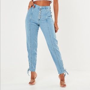 Light Blue Button Fly Lace Up Mom Jeans